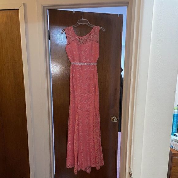 Lace Coral Maxi Prom Dress - Picture 1 of 9